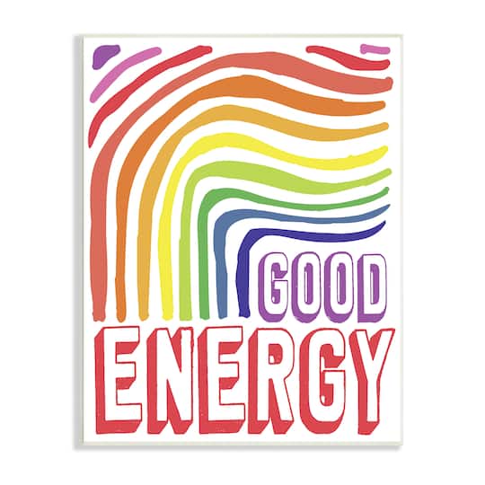 Stupell Industries Good Energy Phrase Abstract Rainbow Waves Bold Typography Wall Plaque